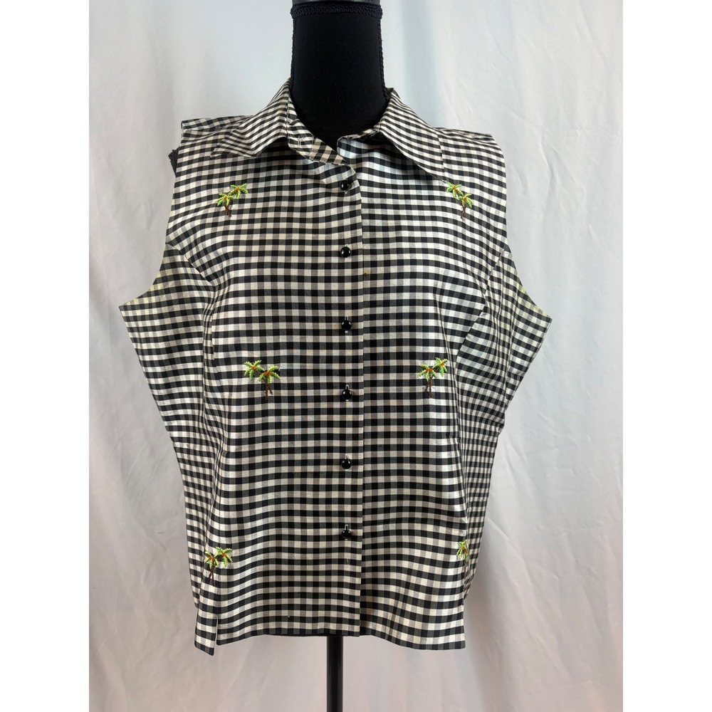 Silkland Women 10 Silk Gingham Sleeveless Top Embroidered Palm Trees Black White